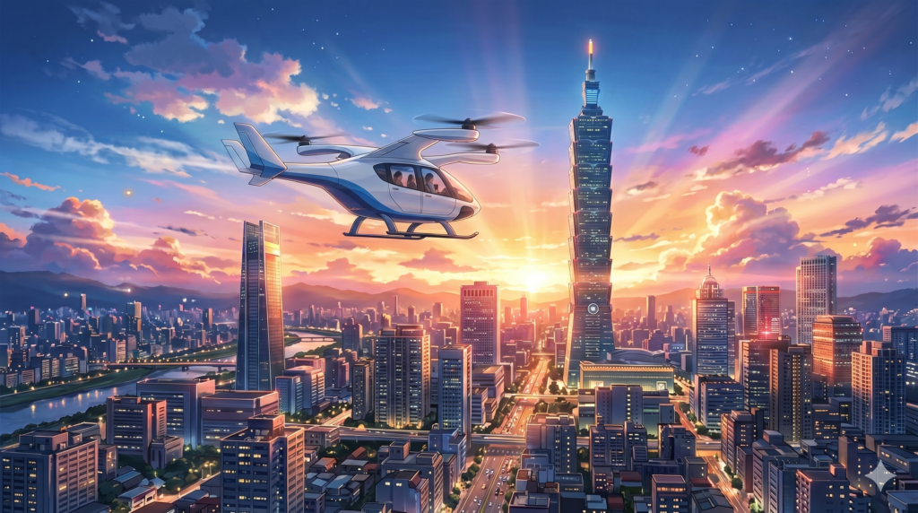 Gemini_Generated_Image_1lnbyk1lnbyk1lnb - そらとぶタクシー株式会社 White helicopter hovering over a futuristic city skyline at sunset near a tall illuminated skyscraper